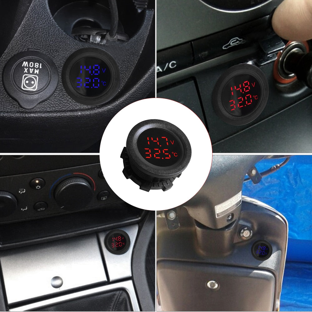 12-24V Car Round Temperature Voltmeter